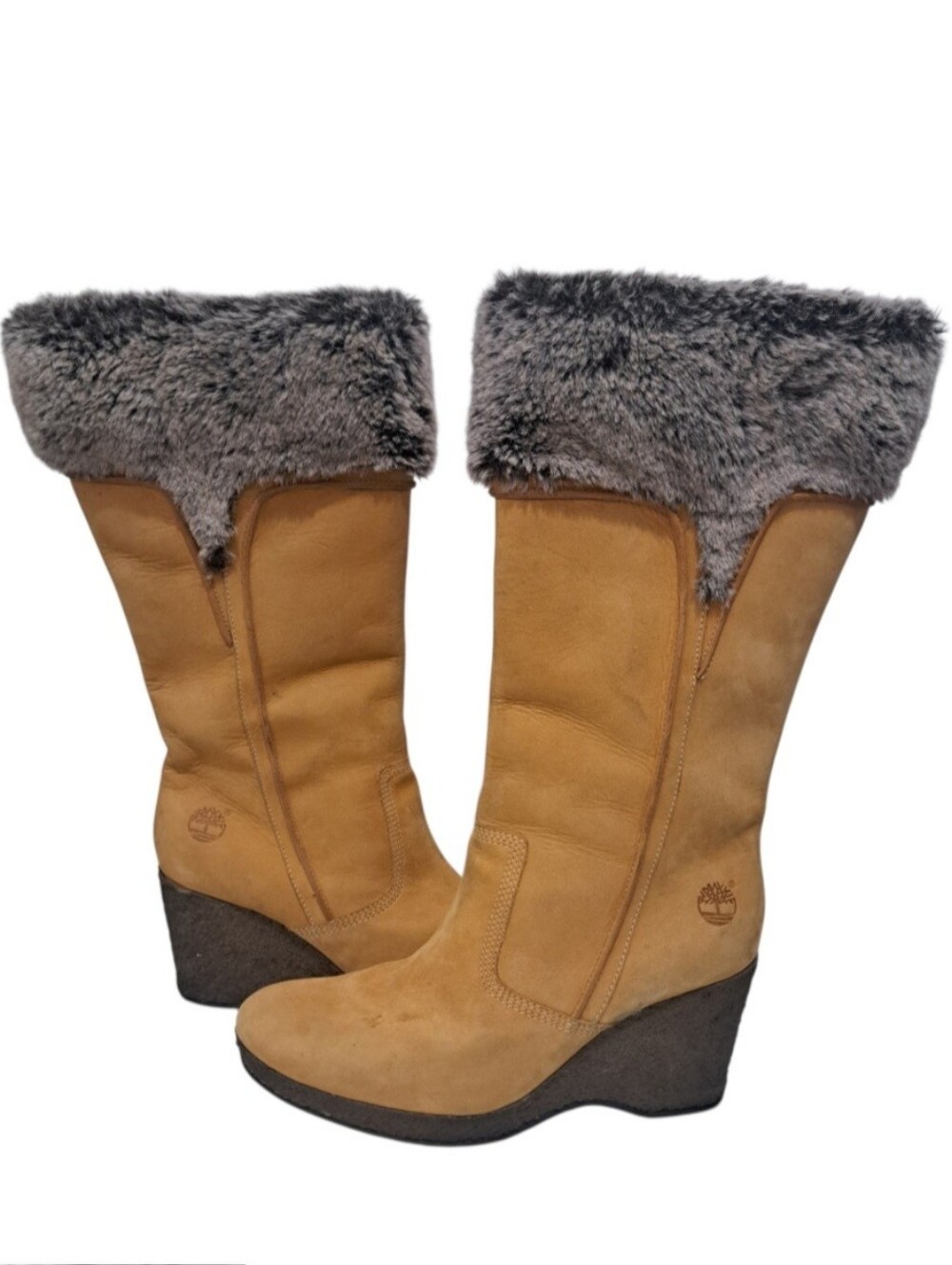 Vintage Timberland Y2K Leather Gorpcore Mid Calf Wedge Faux Fur Boots Sz 7.5